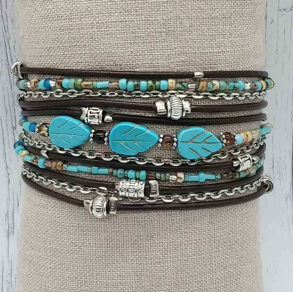 NWOT Handmade Leather Wrap Bracelet with turquoise accents. Customizable